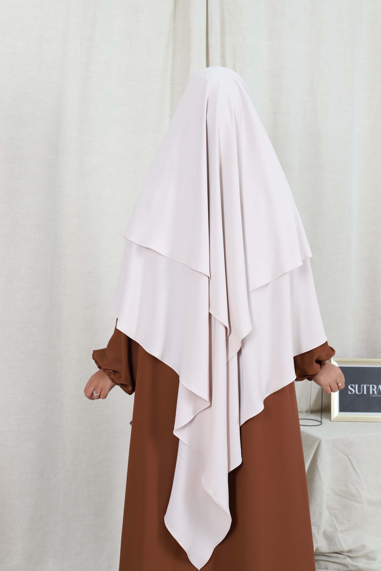 Long light beige khimar 2 veils with medina silk tip