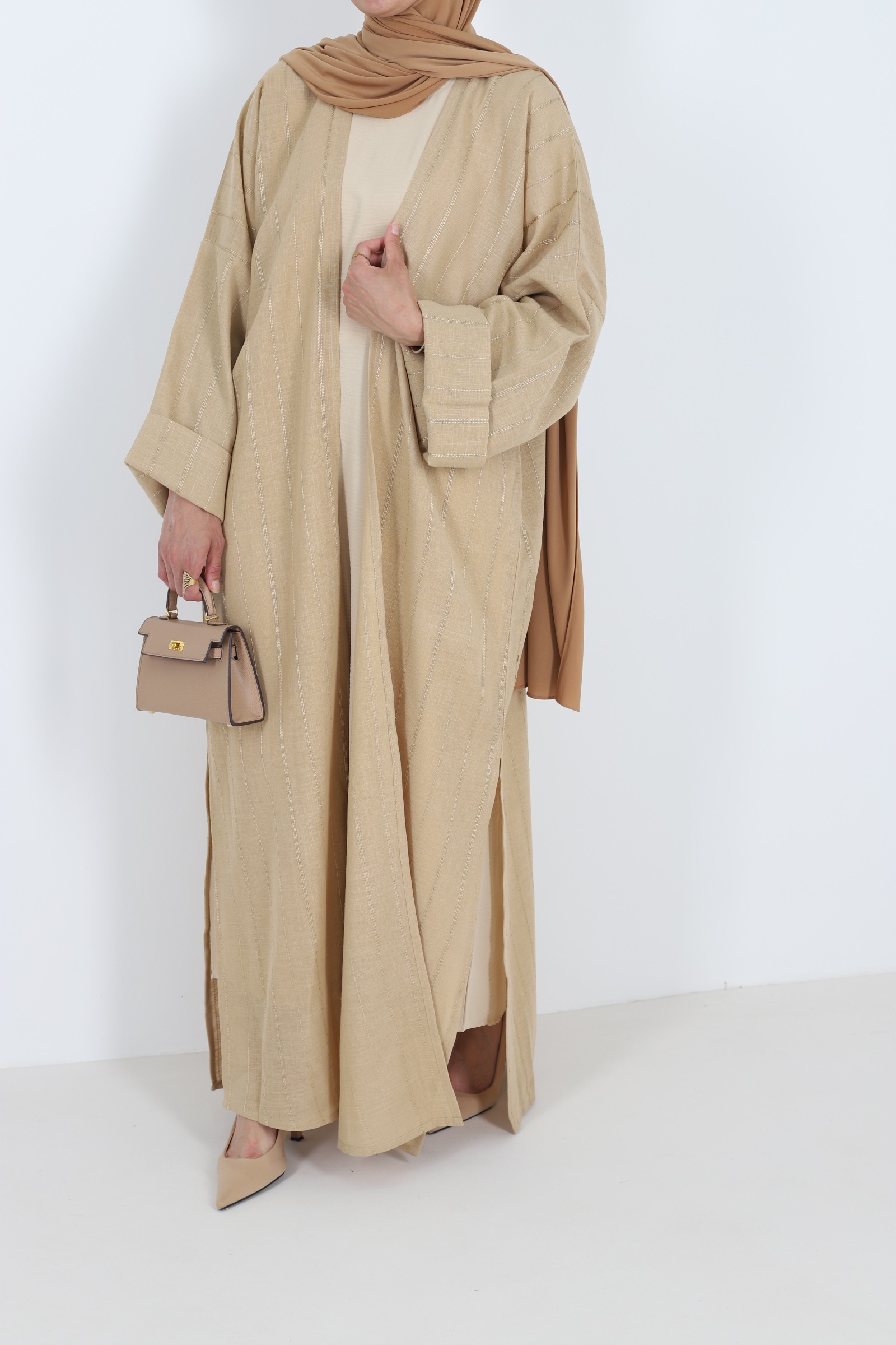 abaya kimono en lin camel fendu sur les côté été femme musulmane