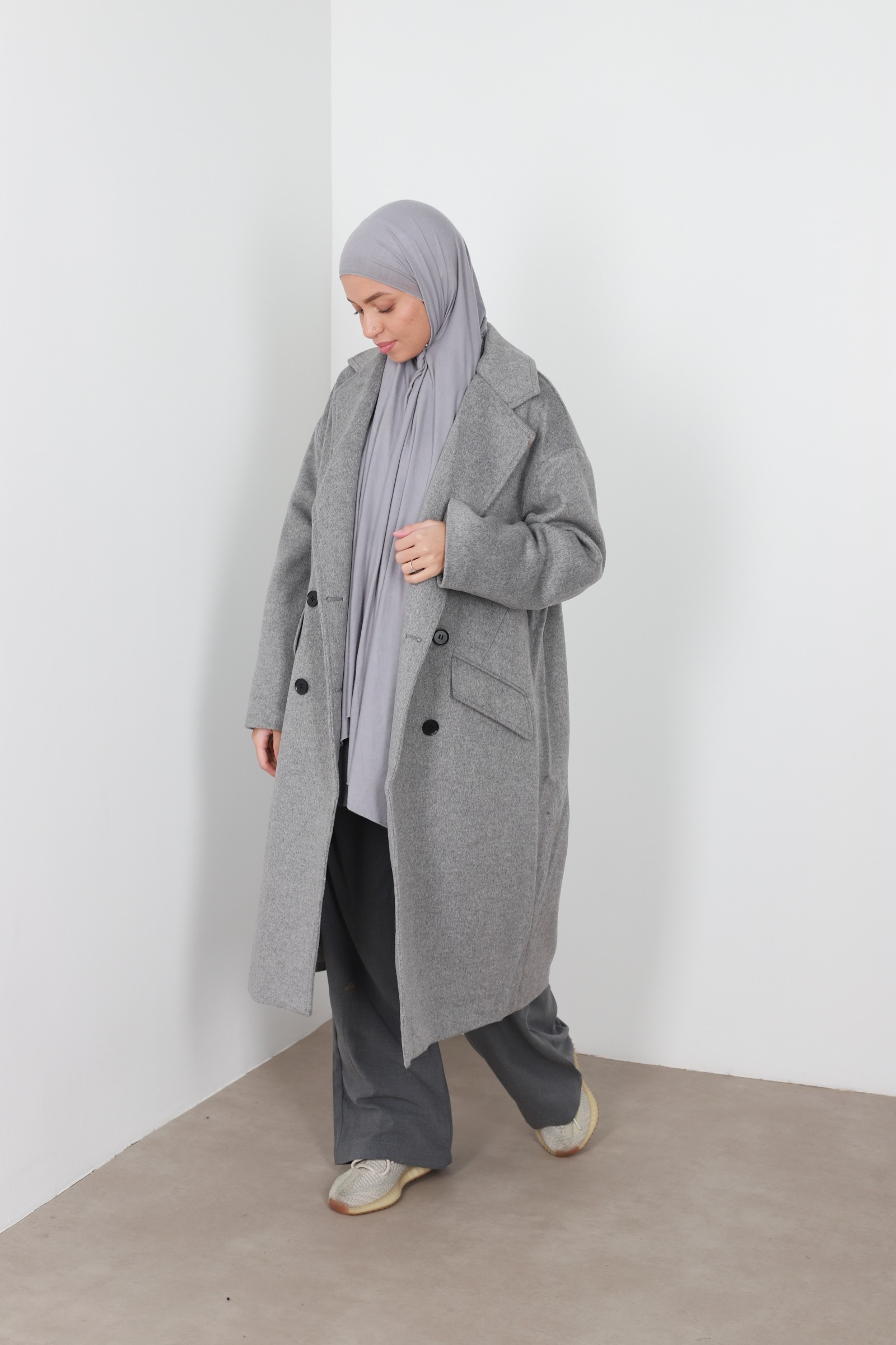 Dark gray double-breasted wool coat