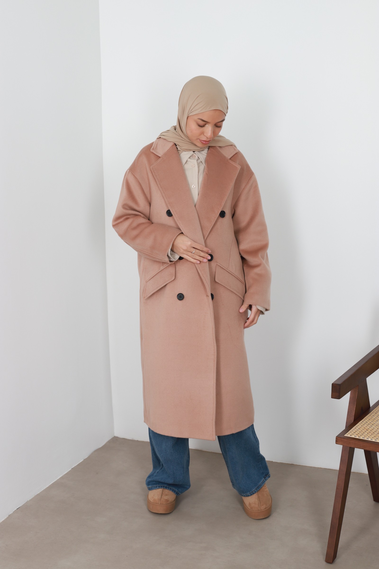 Camel double-breasted wool coat